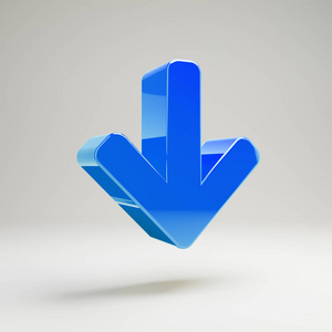 白色背景上隔离的体积光泽蓝色箭头向下图标.照片