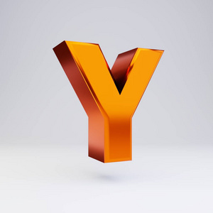 三维字母y大写.热橙色金属字体,有光泽的反射和白色背景上隔离的阴影.