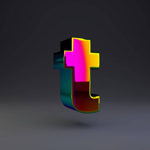 全息三维字母t小写.有光泽的字体,彩色反射和阴影隔离在黑色背景上.