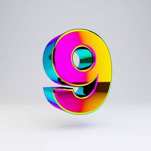 全息3d数字1有光泽的字体彩色反射和阴影隔离在白色背景上