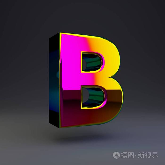 全息3d字母b大写有光泽的字体彩色反射和阴影隔离在黑色背景上