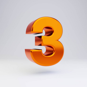 3d数字3.热橙色金属字体,有光泽的反射和白色背景上隔离的阴影.照片
