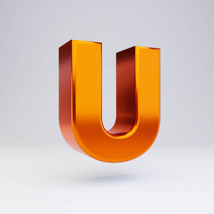 三维字母q大写热橙色金属字体有光泽的反射和白色背景上隔离的阴影