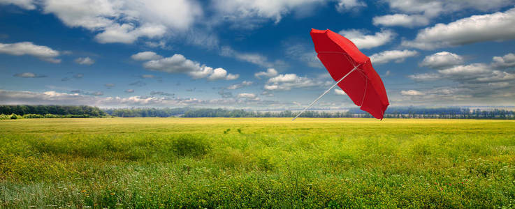 一把草一把红色的伞在一阵风中飞过草地照片