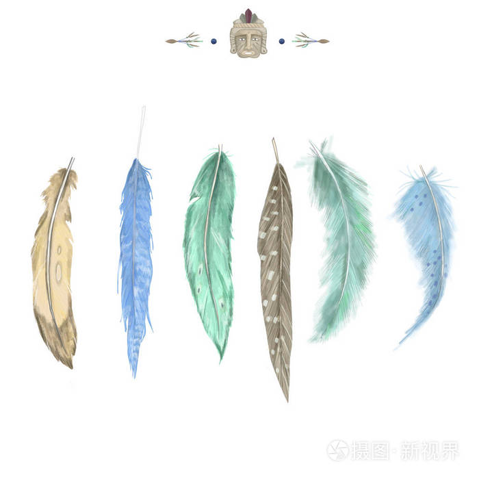 水彩羽毛套装 手绘插图 水彩风格 鸟波西米亚剪贴画 白色背景照片 正版商用图片2mr4e1 摄图新视界