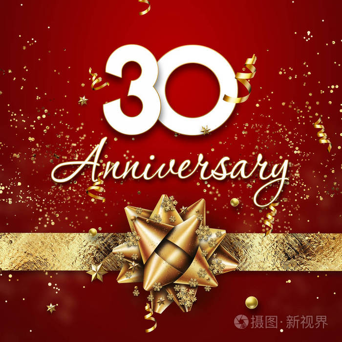 创作背景30岁在红色背景上用数字和金色蝴蝶结庆祝金色的文字和五彩