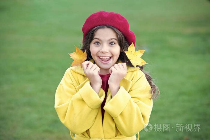 孩子带着秋天的枫叶散步.秋天的舒适就在眼前.