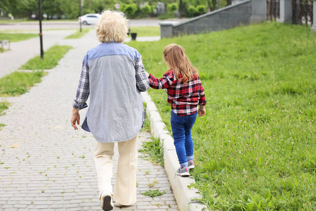 可爱的小女孩和祖母在公园散步,后视图照片