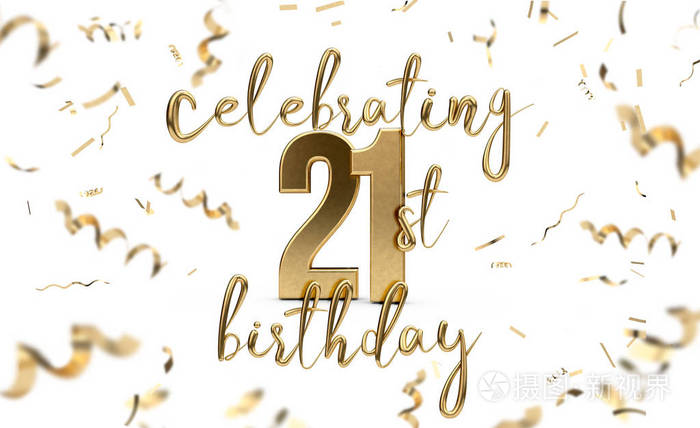 用五彩纸屑庆祝21岁生日的金色贺卡三维r