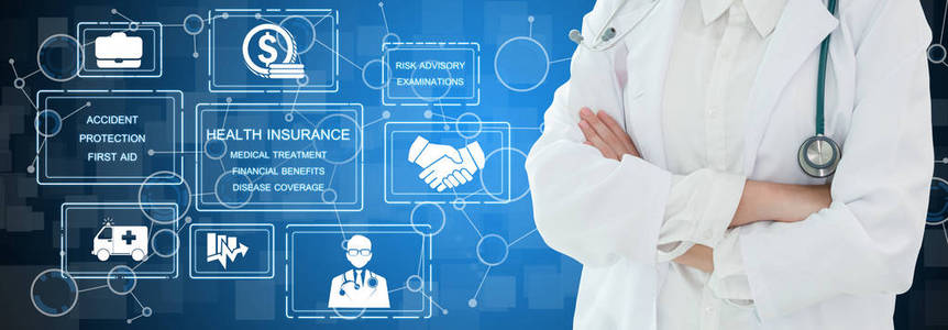 健康保险概念医生在医院与健康保险相关的图标图形界面显示医疗保健