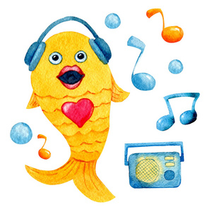 载歌载舞的金鱼.水彩画中的卡通人物.