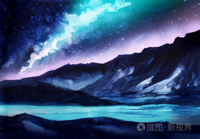 夜景 山的黑暗轮廓 有北极光的星空 银河系 粉红色和蓝色的光线 水面水面或湖面 神秘的地方 手绘水彩插图照片 正版商用图片2mxn06 摄图新视界