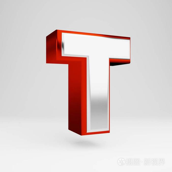 金属3d字母t大写白色背景上独立的红色和白色金属字体
