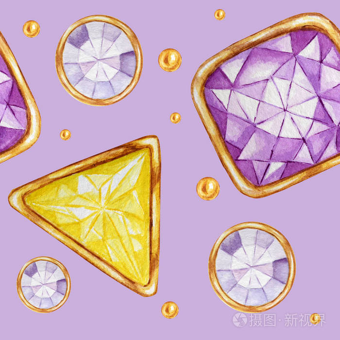 无缝图案水晶在一个黄金框架和珠宝珠手绘水彩黄紫色宝石钻石色彩鲜艳