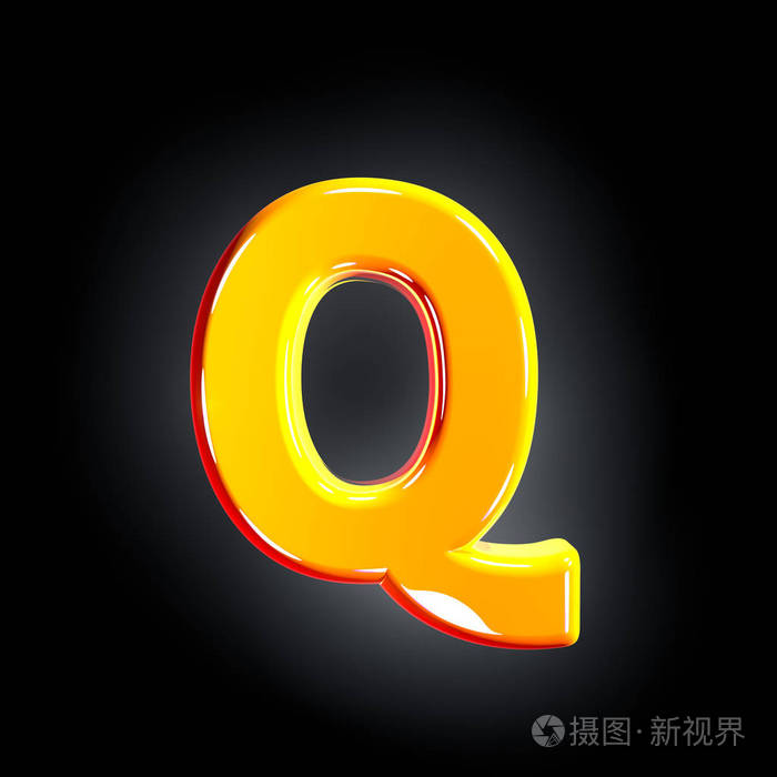 字母q节日橙色闪亮字体孤立在坚实的黑色背景三维符号插图