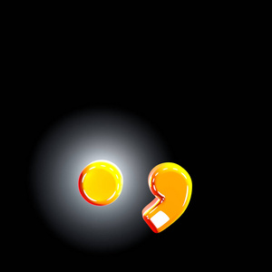 明亮闪亮的黄色字母-句点(句号)和逗号分隔在黑色背景上,符号的3d插图