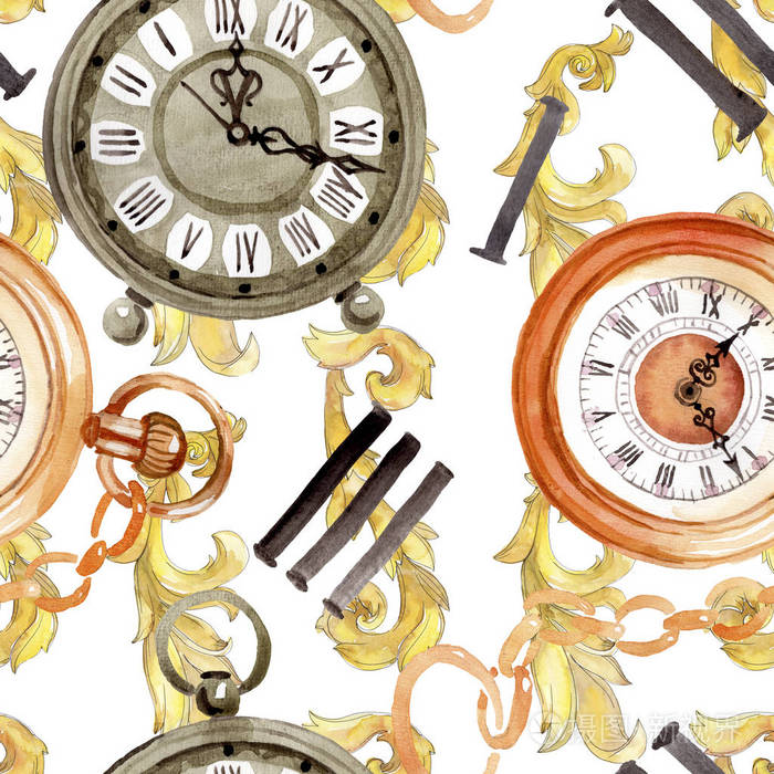 老式老式钟表怀表水彩背景插图集无缝背景图案