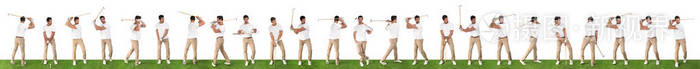 Collage of young man playing golf on green grass against white b