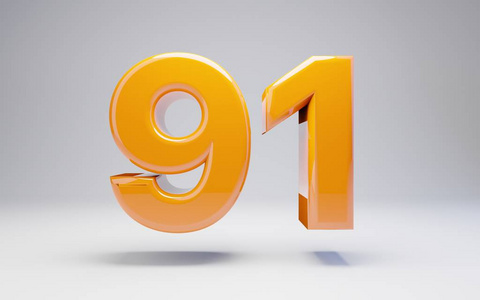 91号.白色背景上隔离的三维橙色光泽数字.照片
