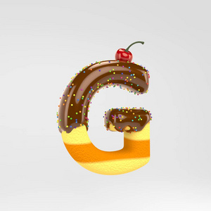 字母g大写.蛋糕字体与巧克力,洒和樱桃在顶部孤立的白色背景.照片