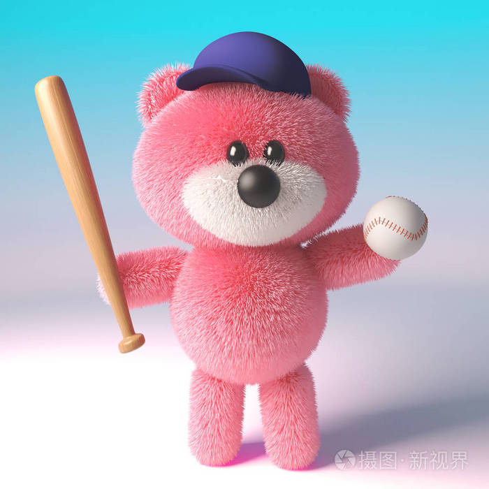 3d卡通泰迪熊粉色皮毛戴棒球帽手持棒球棒和球3d插图