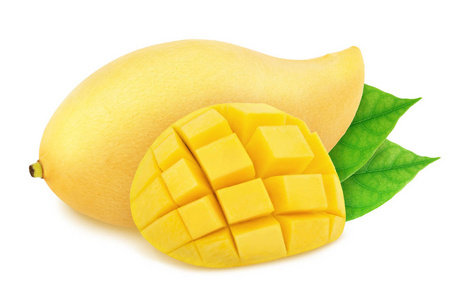 整个和弯曲的泰国芒果与孤立的叶子在白色的背景.作为设计元素.照片