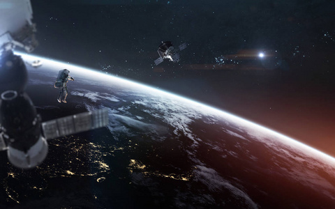 从轨道上看我们的星球,宇航员在太空行走.e照片