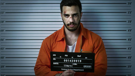 他穿着囚徒橙色连体衣,举着标语牌.背景中的身高图表.