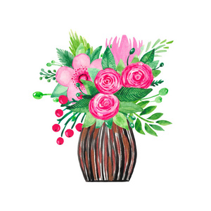 插画鲜花海报手绘水彩画插画花瓶中的一束鲜花浪漫的家庭室内植物照片