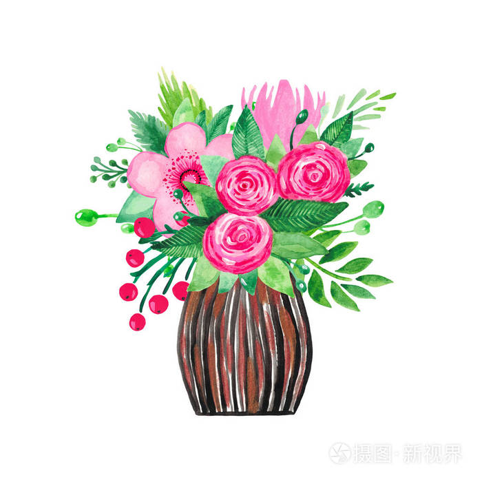 手绘水彩画插画花瓶中的一束鲜花浪漫的家庭室内植物