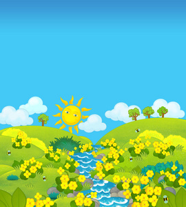 夏季阳光明媚的黄花草地卡通场景-儿童插画照片