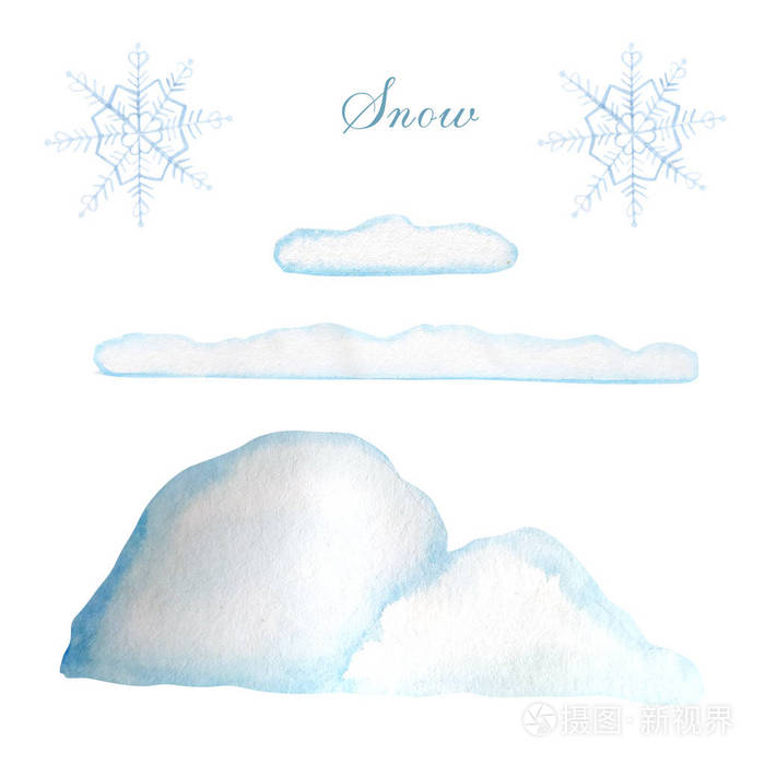 设置雪堆雪雪花白色背景上的手绘冬季水彩画插图
