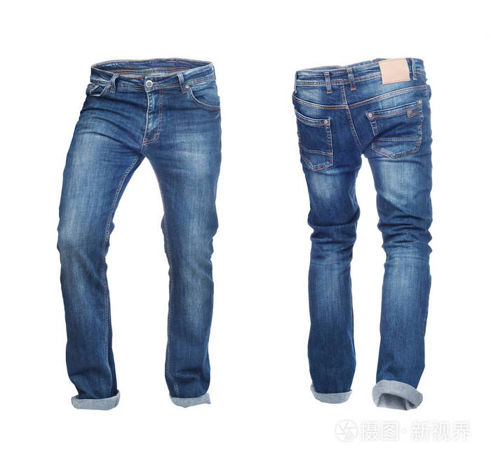 空白牛仔裤裤子正面和背面隔离在白色背景上