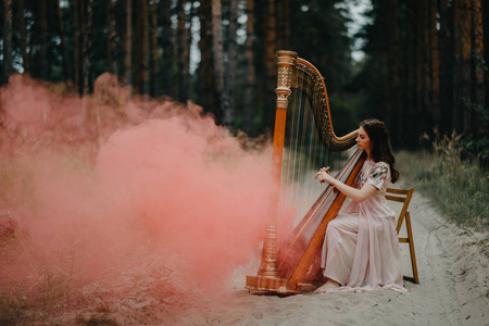 女竖琴手坐在森林里,对着背景弹竖琴照片