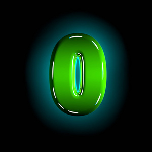 闪亮的绿色塑料设计字体-数字0孤立在黑色背景上,三维符号插图照片