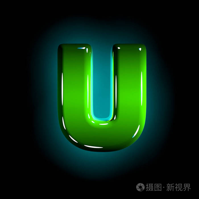黑色上隔离的白色和黄色抛光塑料字母表的绿色字母u符号的三维图解