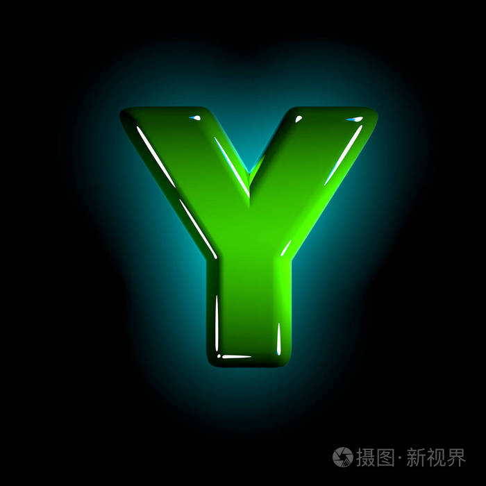 绿色字母y发光塑料字体白色和黄色隔离在黑色三维符号插图