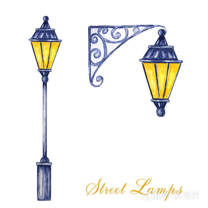 圣诞路灯组白色背景上孤立的水彩画插图金属亮光灯
