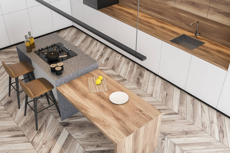 吧台橱柜带吧台的白色厨房俯视图照片