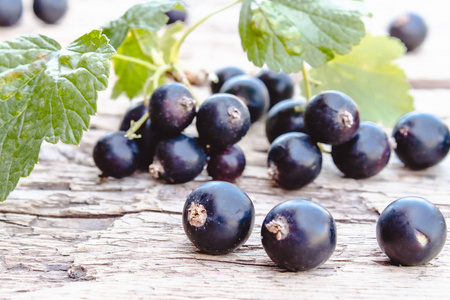 加仑分支黑加仑子躺在木质背景上的绿叶旁.多汁的天然水果醋栗.照片