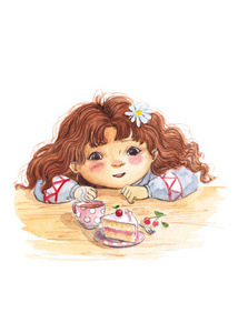 爱一个人像茶一个带着茶杯和蛋糕的可爱女孩照片