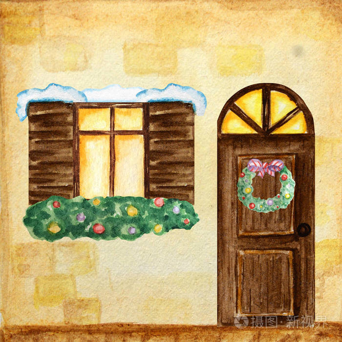 在黄色背景墙上有圣诞花环装饰的复古风格的水彩门和窗户新年贺卡海报