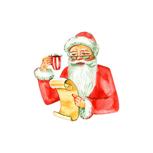 喝咖啡插画复古水彩画可爱的圣诞老人喝热茶,喝咖啡,看书.