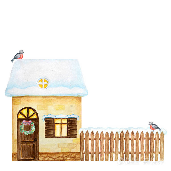 卡通冬天的黄色房子,棕色的木栅栏和雪和牛头雀鸟夫妇.前视图.