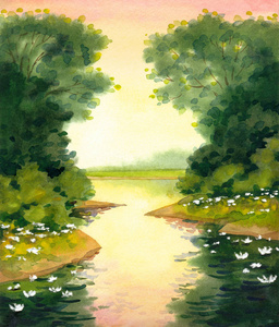 荷花池塘.水彩画照片