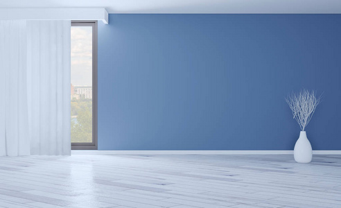 空旷的室内,蓝色的墙壁和大窗户.装饰花瓶照片