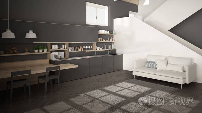 现代简约的现代白色灰色和木质厨房，现代开放空间配有干净的楼梯，客厅配有沙发和地毯，室内设计采用建筑概念理念