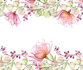 水平花边.独立的手绘布置与婚礼设计的大花和浆果,文具卡片印刷照片