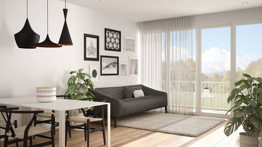 配有餐桌,沙发和毛皮地毯,盆栽植物和拼花地板,当代建筑室内设计照片