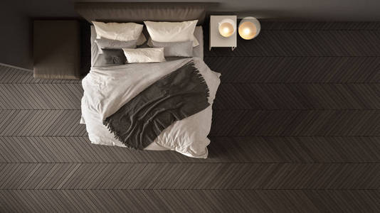 木制人字形拼花地板,带毯子和枕头的床,最小的室内设计,平面图,俯视图